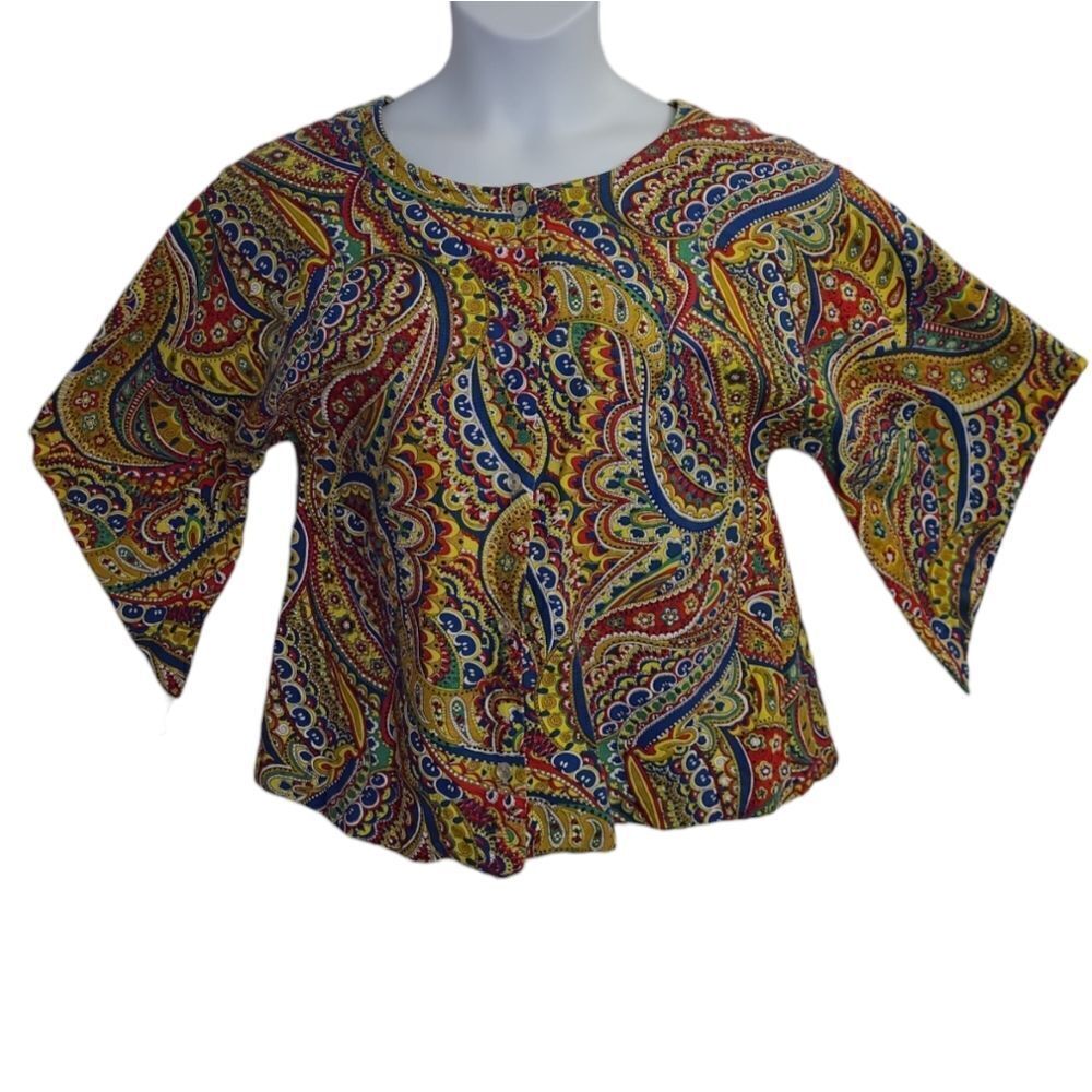 VINTAGE 70s handmade button up paisley clowncore boxy‎ top M